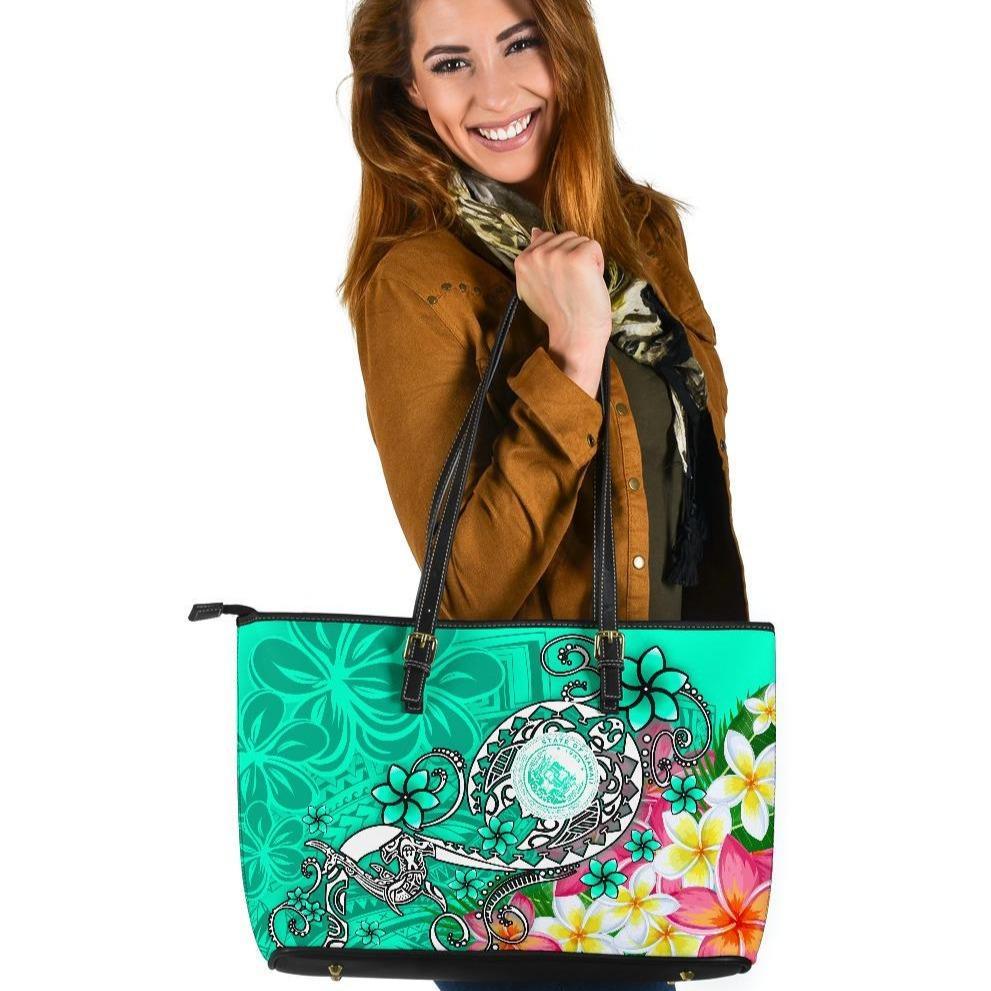 Hawaii Polynesian Large Leather Tote Bag - Hawaii Seal With Turtle Plumeria (Turquoise) Turquoise - Polynesian Pride