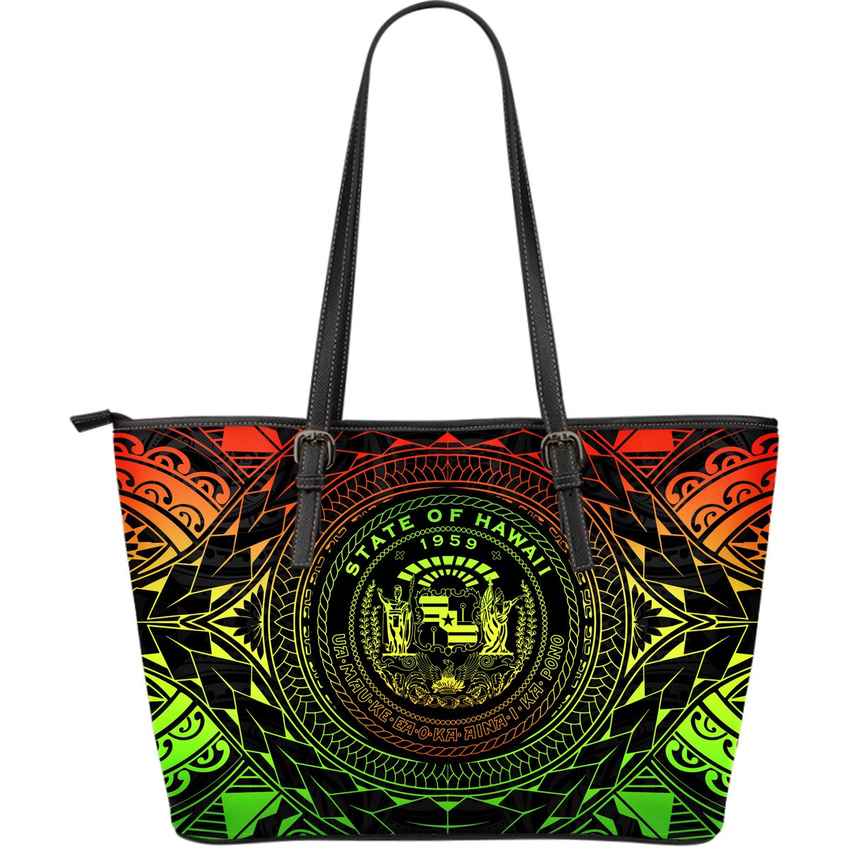 Hawaii Map Polynesian Leather Tote - Reggae Color Version Black - Polynesian Pride