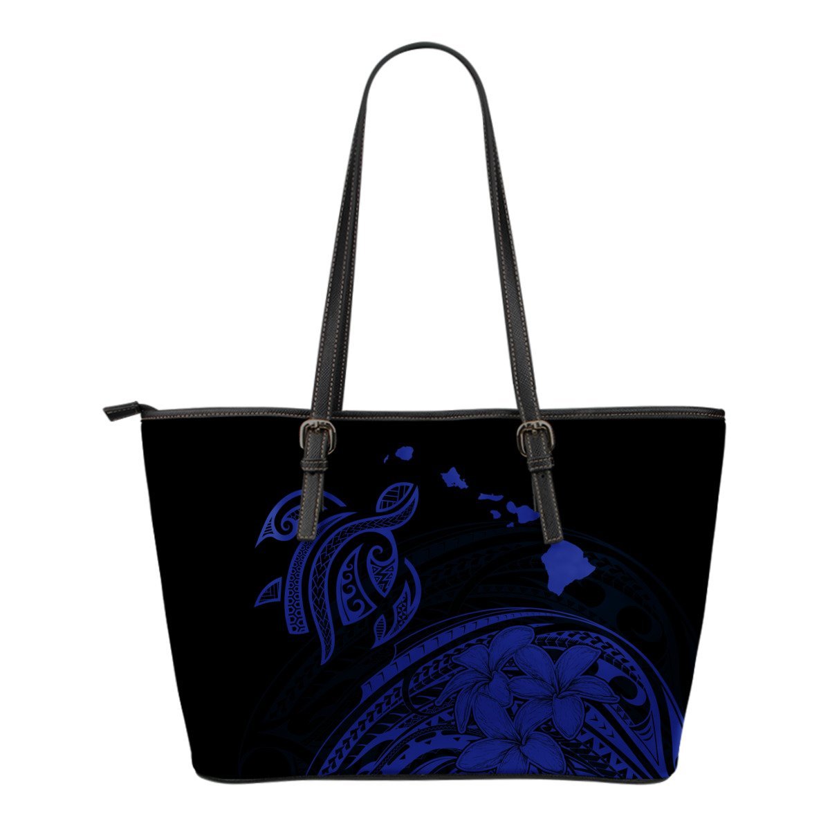 Hawaii Map Plumeria Polynesian Blue Turtle Small Leather Tote Blue - Polynesian Pride