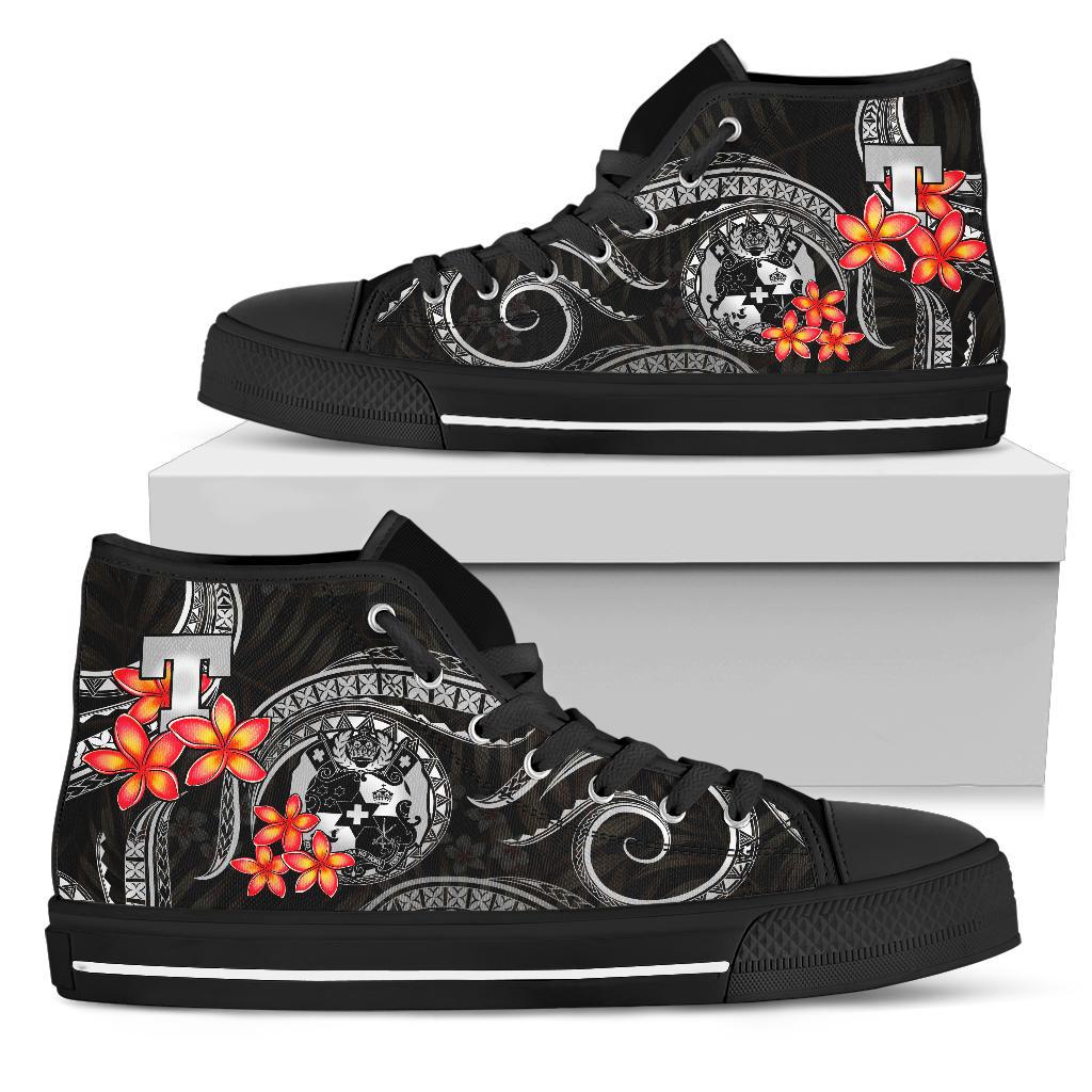 Tonga Polynesian High Top Shoes - White Plumeria Unisex Black - Polynesian Pride