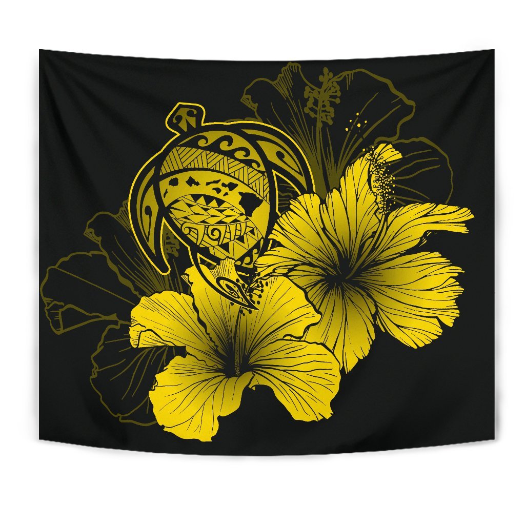 Hawaii Hibiscus Tapestry - Turtle Map - Yellow - Polynesian Pride