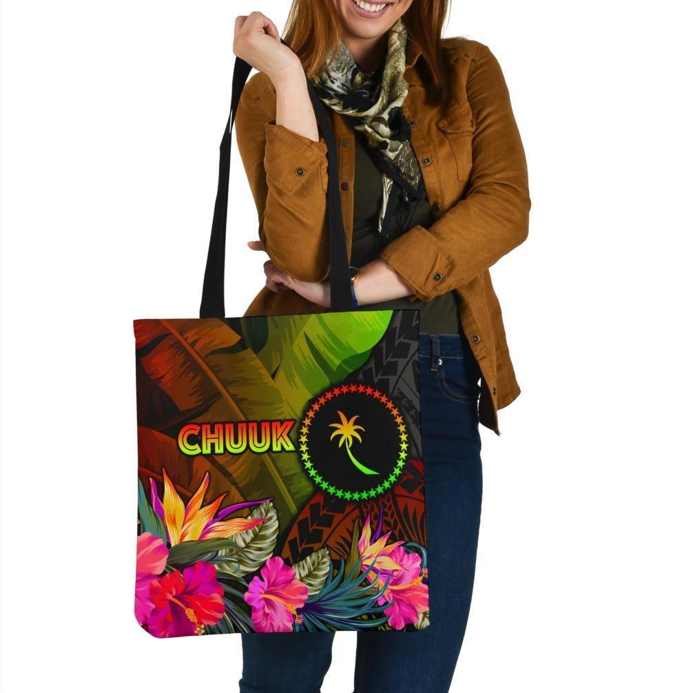 Chuuk Polynesian Tote Bags - Hibiscus and Banana Leaves Tote Bag One Size Reggae - Polynesian Pride