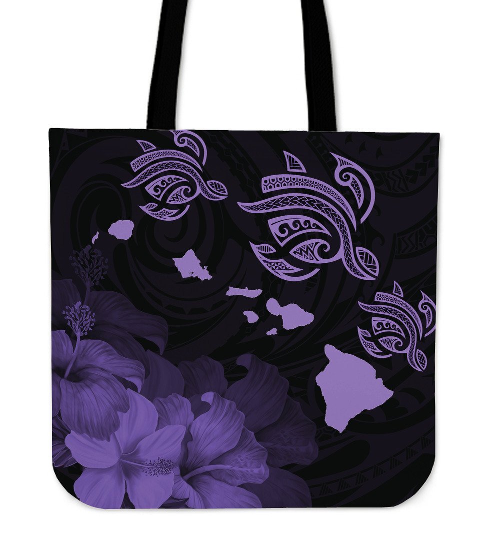 Hawaii Hibiscus Map Polynesian Ancient Violet Turtle Tote Bag Tote Bag One Size Violet - Polynesian Pride