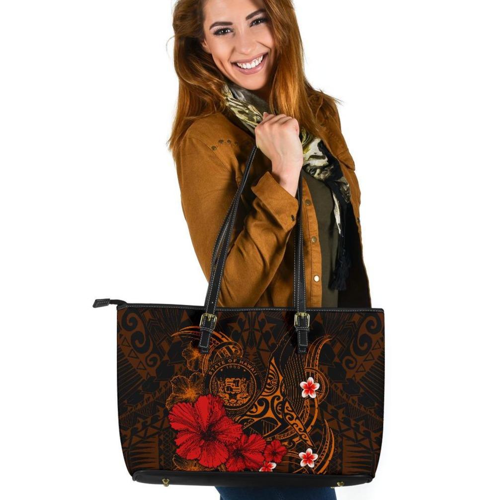 Polynesian Hawaii Leather Tote Bag - Humpback Whale with Hibiscus (Golden) Golden - Polynesian Pride