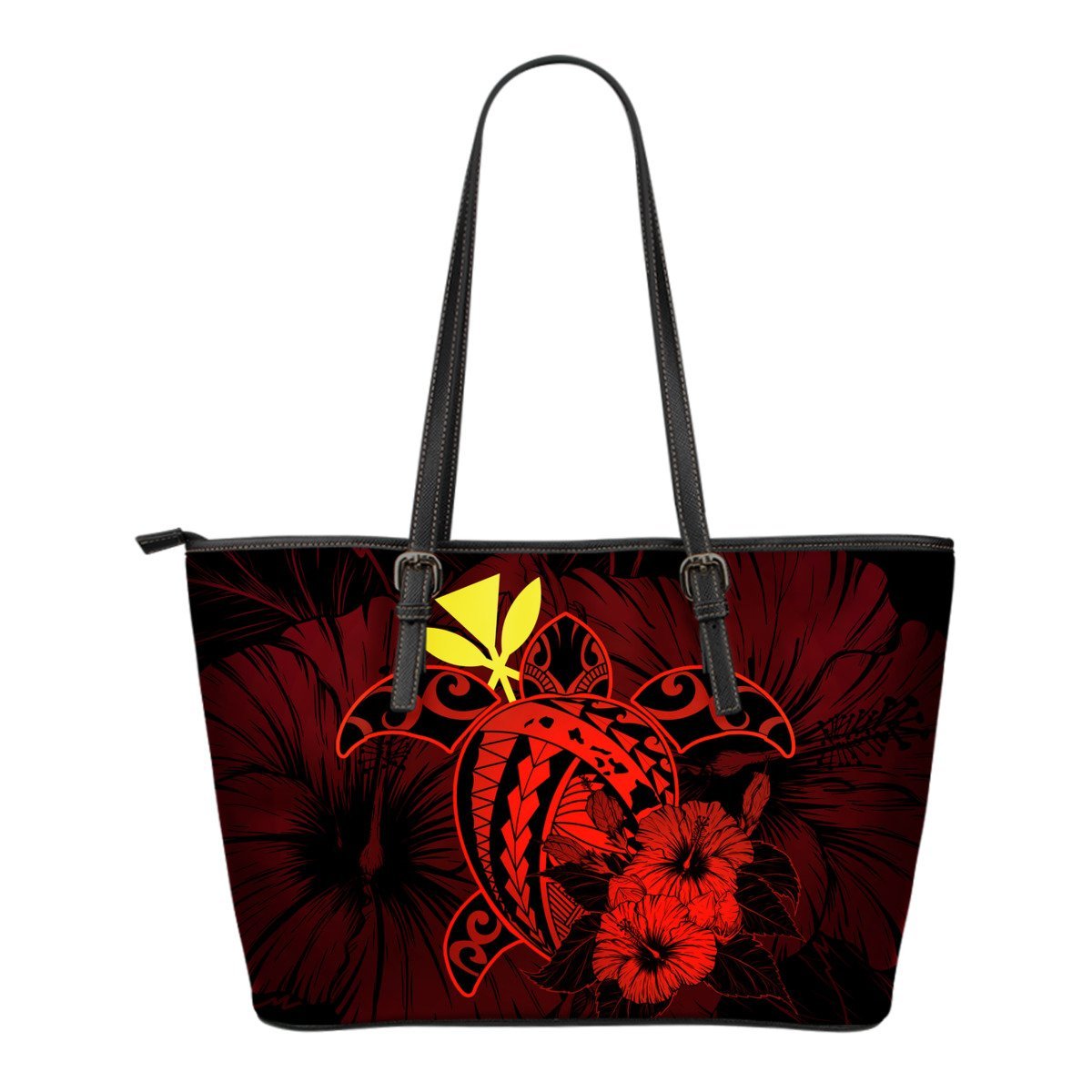 Hawaii Hibiscus Small Leather Tote Bag - Harold Turtle - Red Red - Polynesian Pride