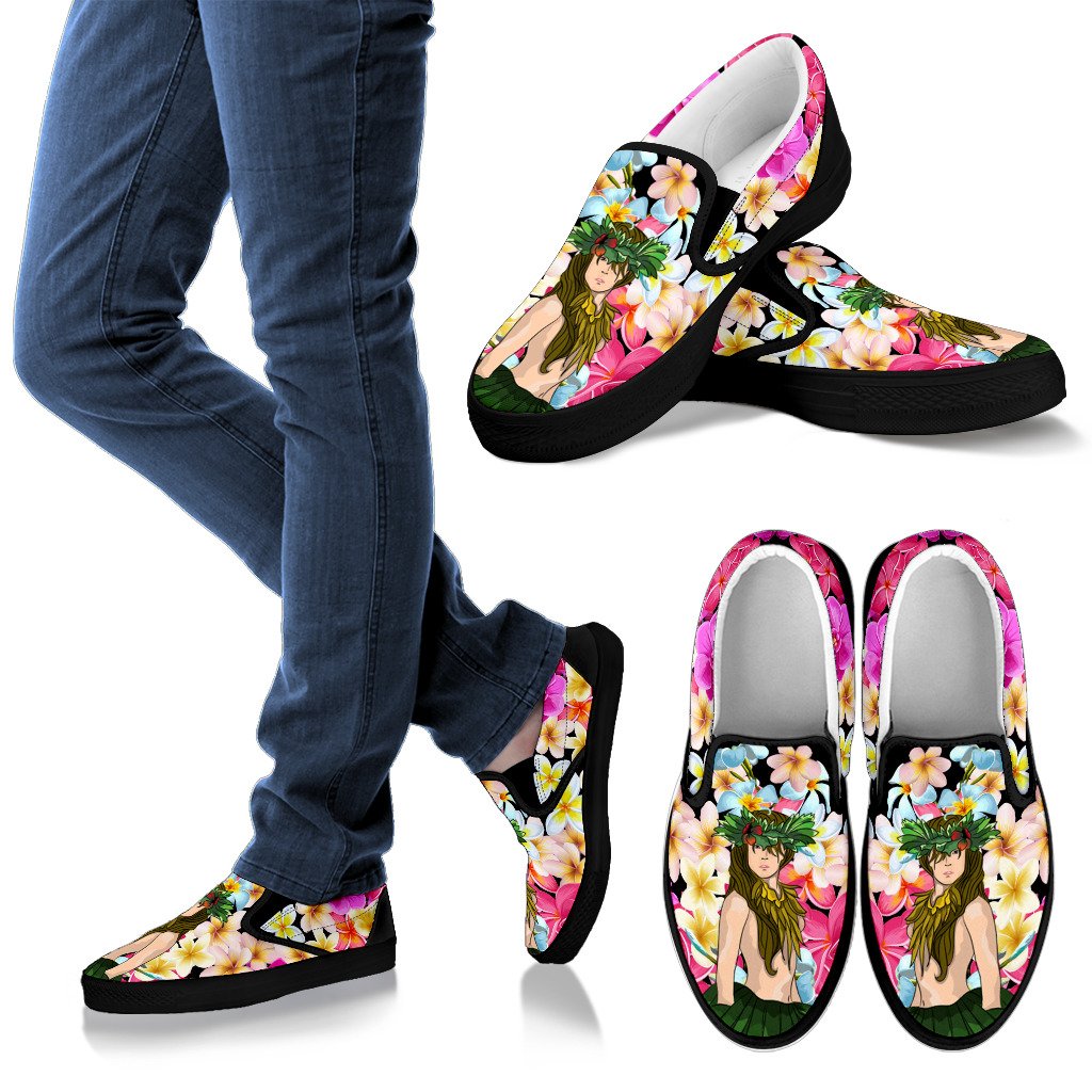 Hawaii Plumeria Hula Girl Slip Ons Men's Slip Ons Black - Polynesian Pride