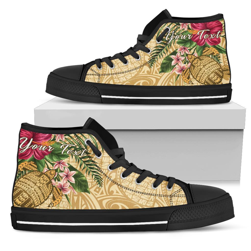 hawaiiHigh Top Shoe - Turtle High Top Shoe Strong Pattern Hibiscus Plumeria AH Black - Polynesian Pride