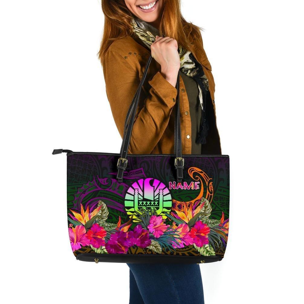 Tahiti Personalised Large Leather Tote Bag - Summer Hibiscus Reggae - Polynesian Pride