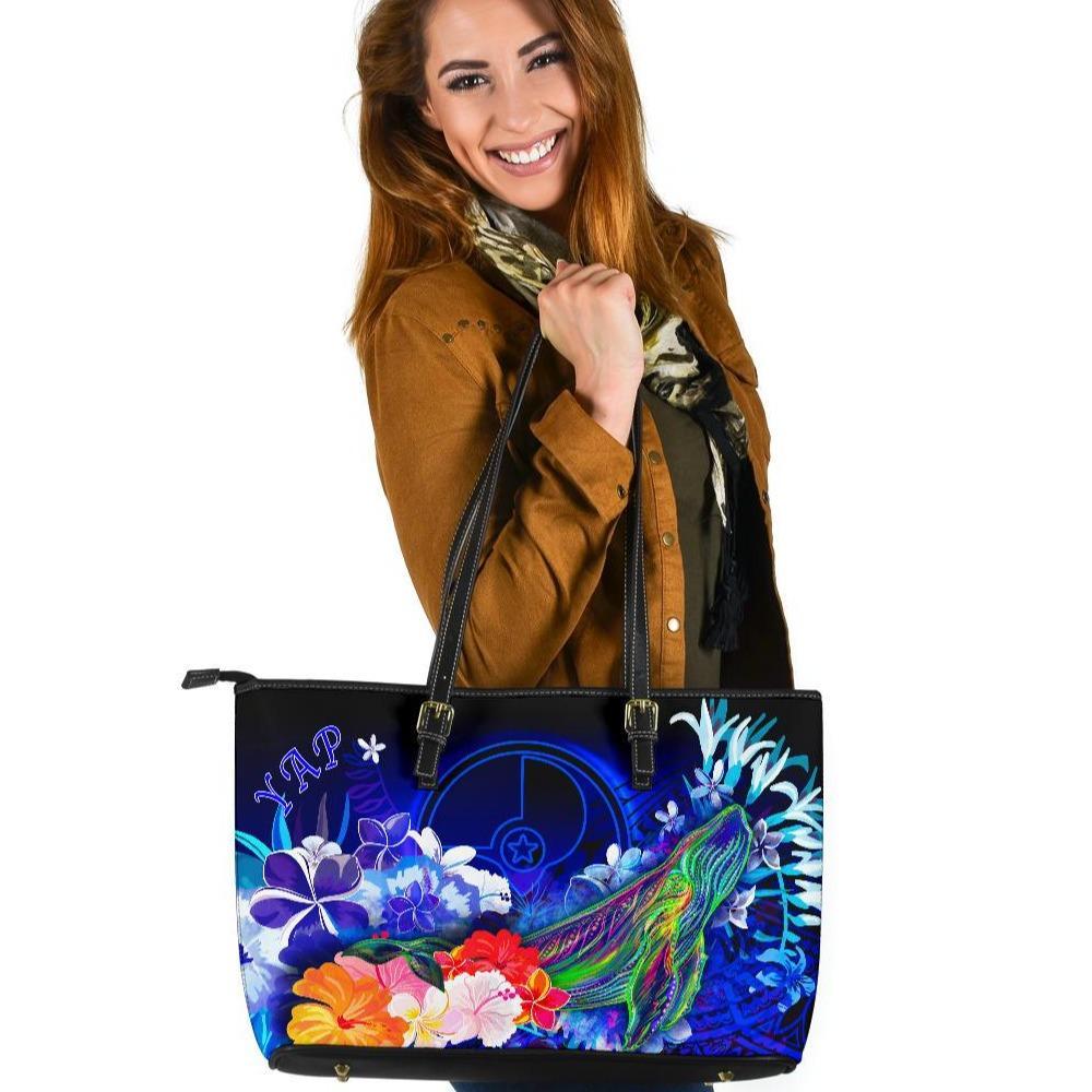 Yap Large Leather Tote Bag - Humpback Whale with Tropical Flowers (Blue) Blue - Polynesian Pride