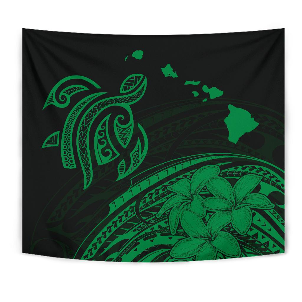 Hawaii Map Plumeria Polynesian Green Tribal Tapestry Wall Tapestry Green - Polynesian Pride