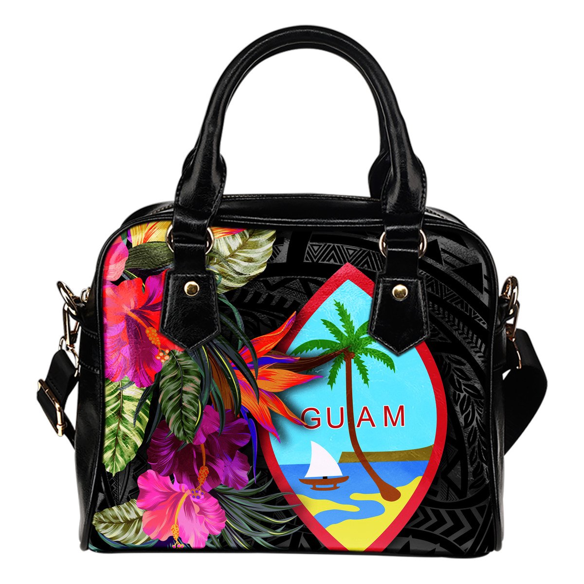 Guam Shoulder Handbag - Hibiscus Polynesian Pattern One Size Black - Polynesian Pride