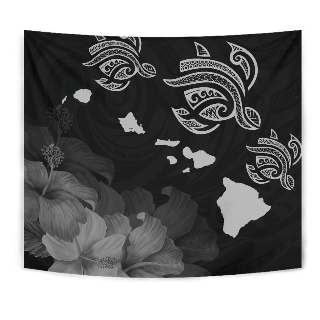 Hawaii Hibiscus Map Polynesian Ancient Gray Tribal Tapestry Wall Tapestry Gray - Polynesian Pride