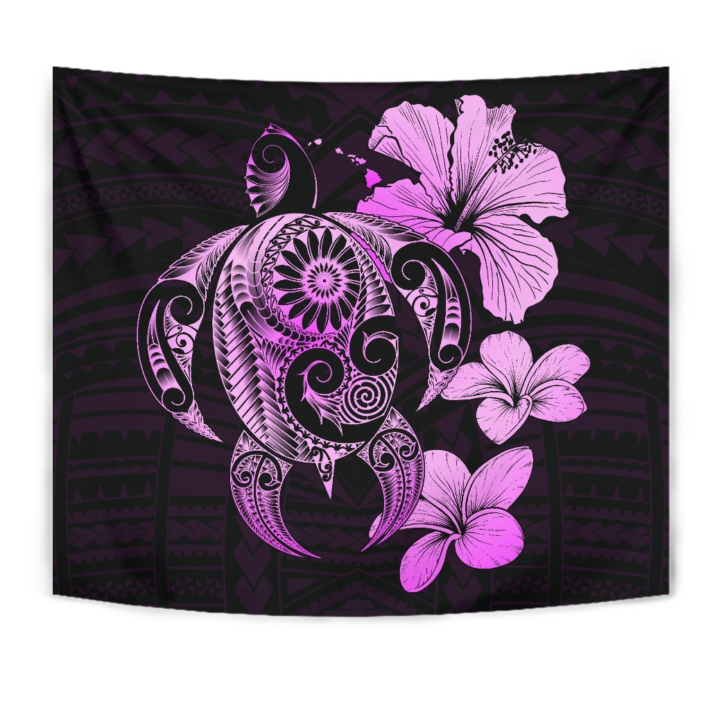 Hibiscus Plumeria Mix Polynesian Violet Turtle Tapestry - Polynesian Pride