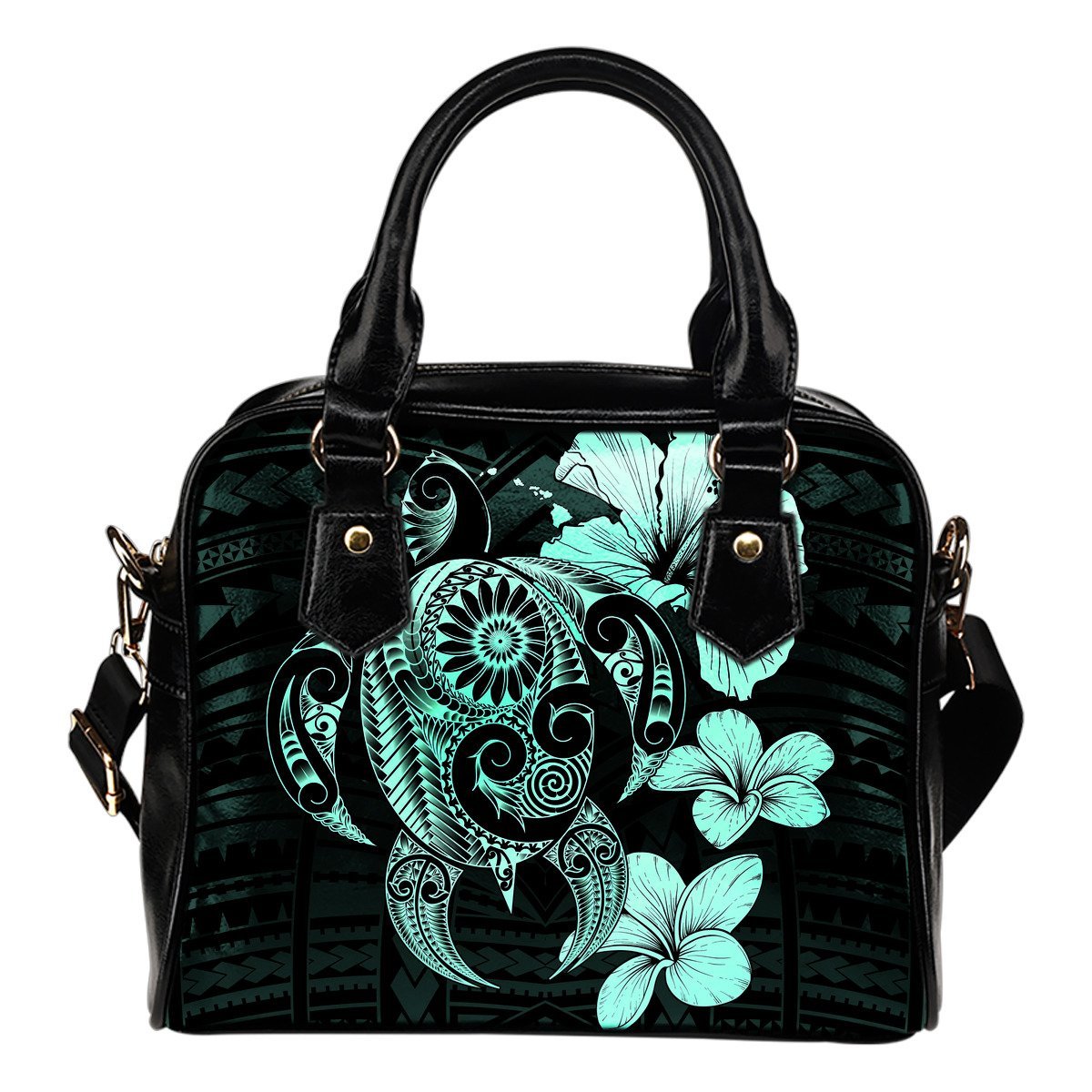 Hibiscus Plumeria Mix Polynesian Turquoise Turtle Shoulder Handbag One Size Turquoise - Polynesian Pride