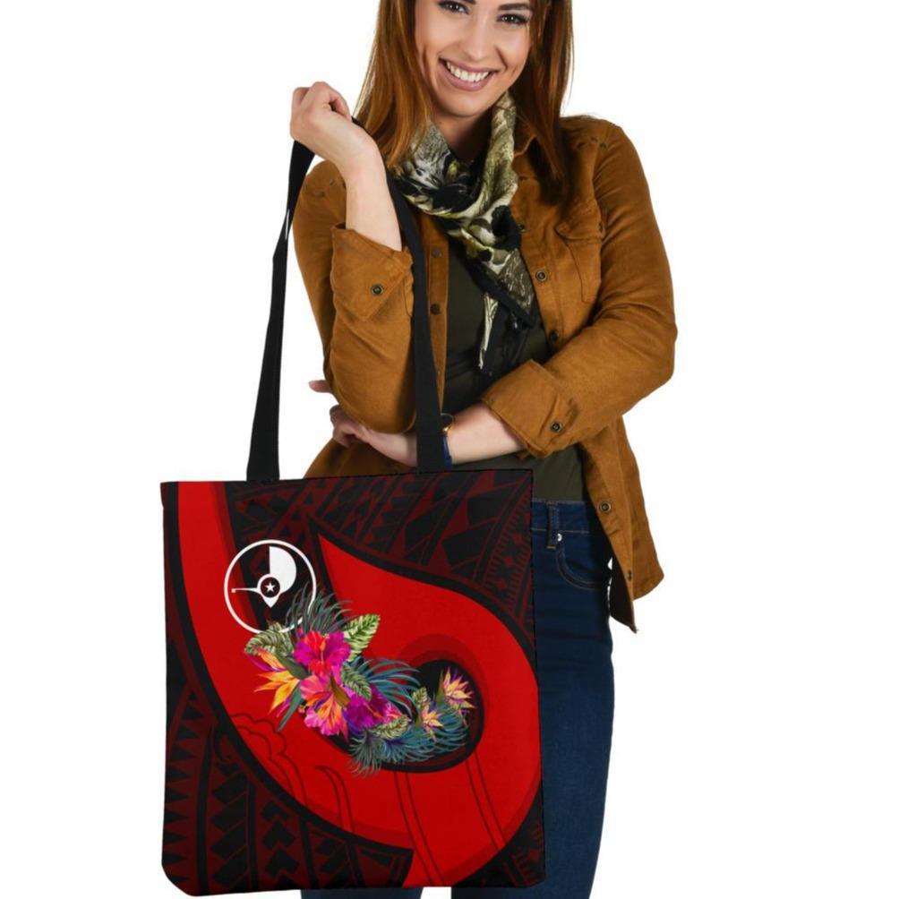 Yap Tote Bags - Polynesian Hook And Hibiscus (Red) Tote Bag One Size Red - Polynesian Pride