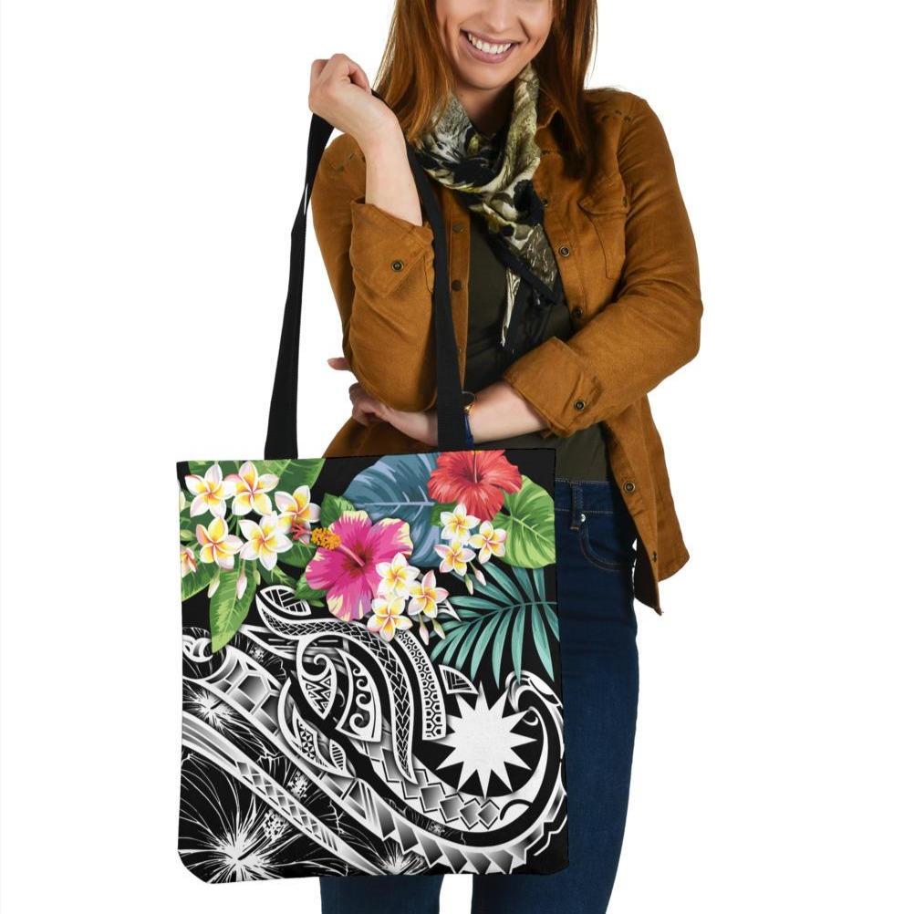 Nauru Polynesian Tote Bags - Summer Plumeria (Black) Tote Bag One Size Black - Polynesian Pride