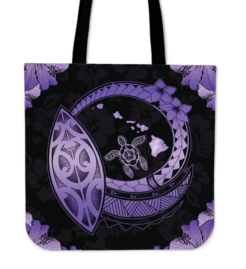 Hawaii Hibiscus Map Hidden Polynesian Violet Turtle Tote Bag Tote Bag One Size Violet - Polynesian Pride