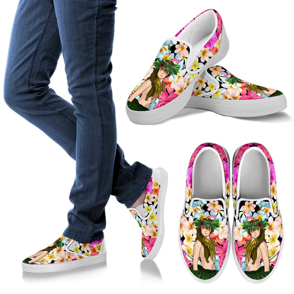 Hawaii Plumeria Hula Girl Slip Ons Men's Slip Ons White - Polynesian Pride