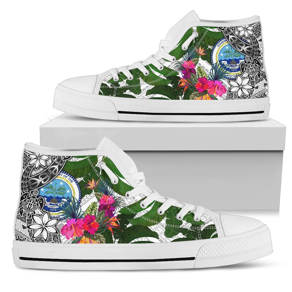 Federated States of Micronesia High Top Shoes White - Turtle Plumeria Banana Leaf Unisex White - Polynesian Pride