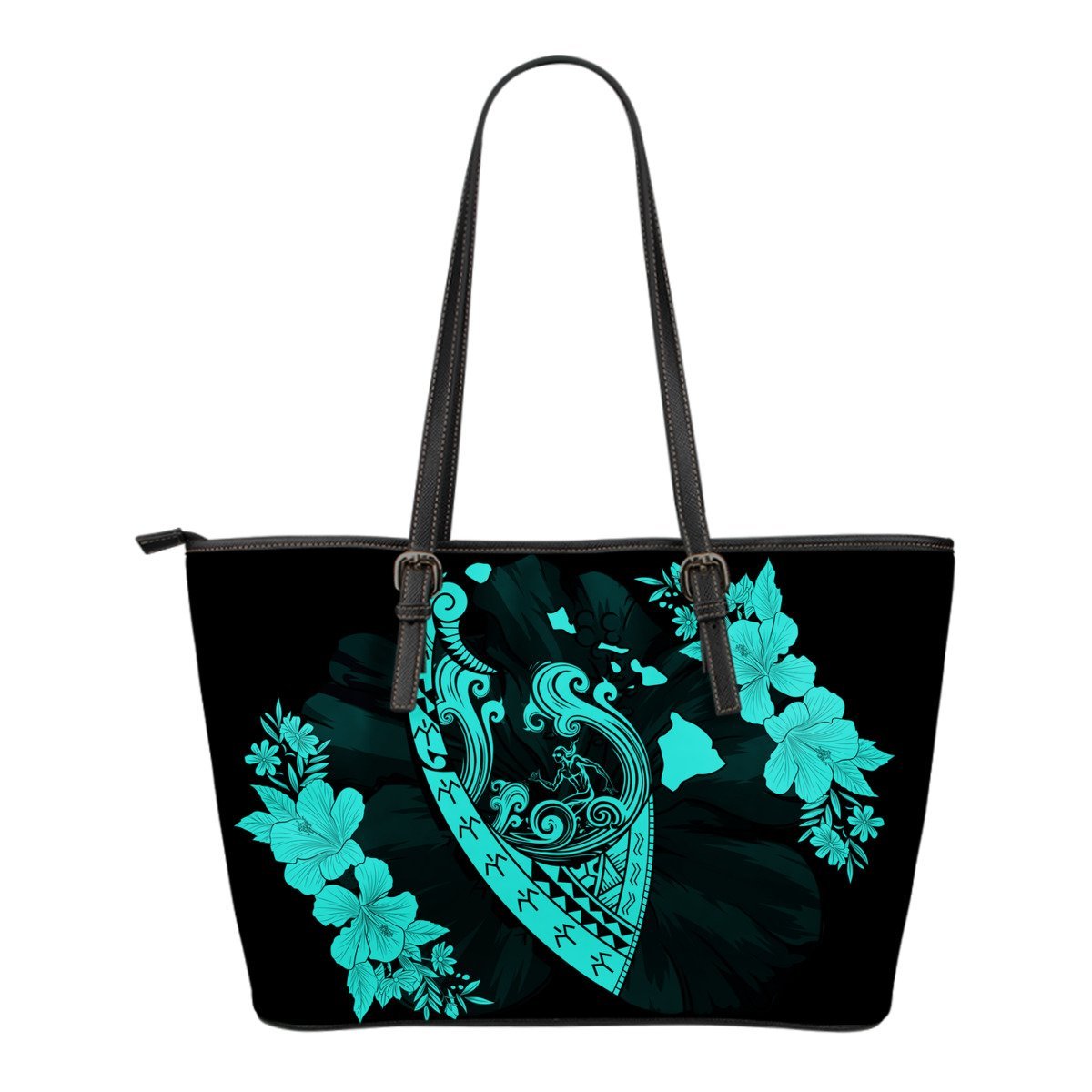 Hawaii Hibiscus Banzai Surfing Small Leather Tote Bag Blue Blue - Polynesian Pride