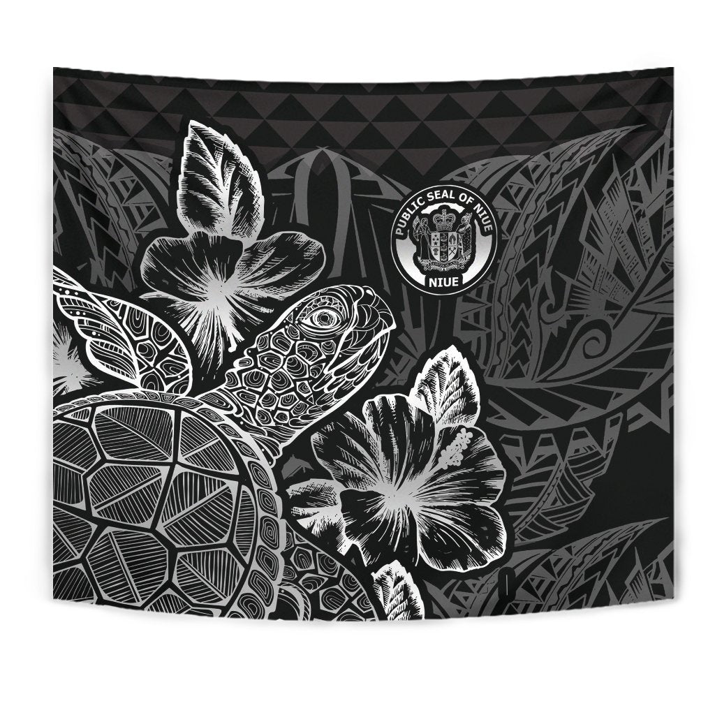 Niue Tapestry - Turtle Hibiscus Pattern Black - Polynesian Pride