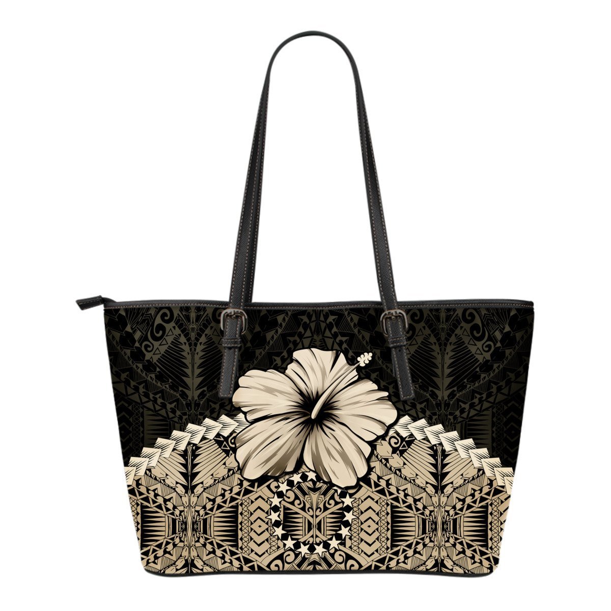 Cook Islands Small Leather Tote Bag - Hibiscus (Gold) Art - Polynesian Pride