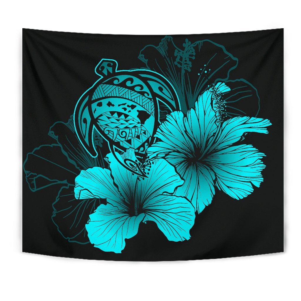 Hawaii Hibiscus Tapestry - Turtle Map - Turquoise - Polynesian Pride