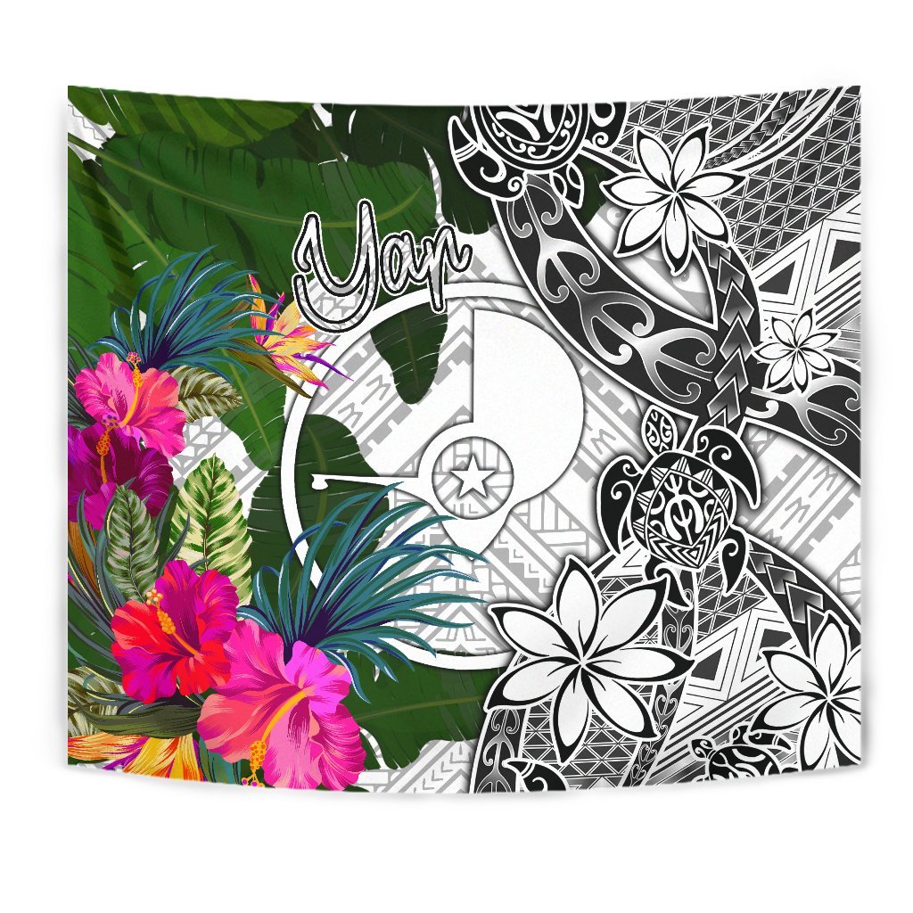 Yap Tapestry White - Turtle Plumeria Banana Leaf Wall Tapestry White - Polynesian Pride