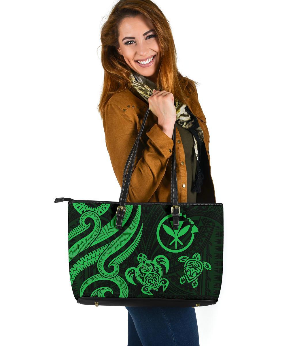 Polynesian Hawaii Large Leather Tote Bag - Green Tentacle Turtle Green - Polynesian Pride