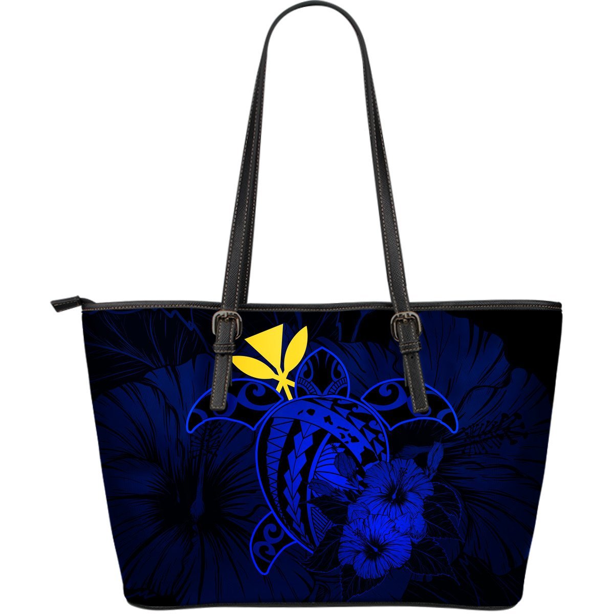 Hawaii Hibiscus Large Leather Tote Bag - Harold Turtle - Blue Blue - Polynesian Pride