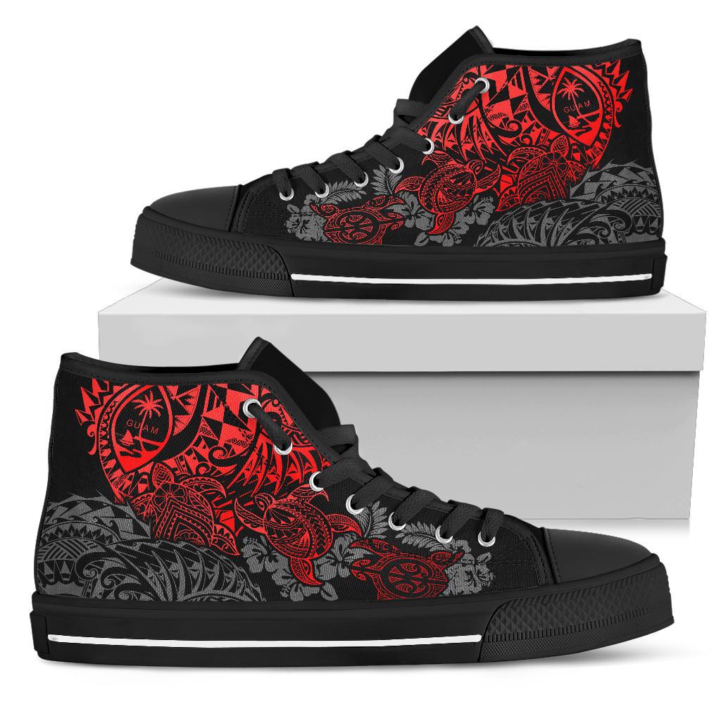 Guam Polynesian High Top Shoes - Red Turtle Flowing Unisex Black - Polynesian Pride