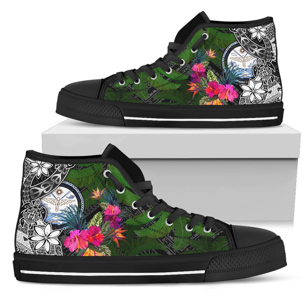 Marshall Islands High Top Shoes - Turtle Plumeria Banana Leaf Crest Unisex Black - Polynesian Pride