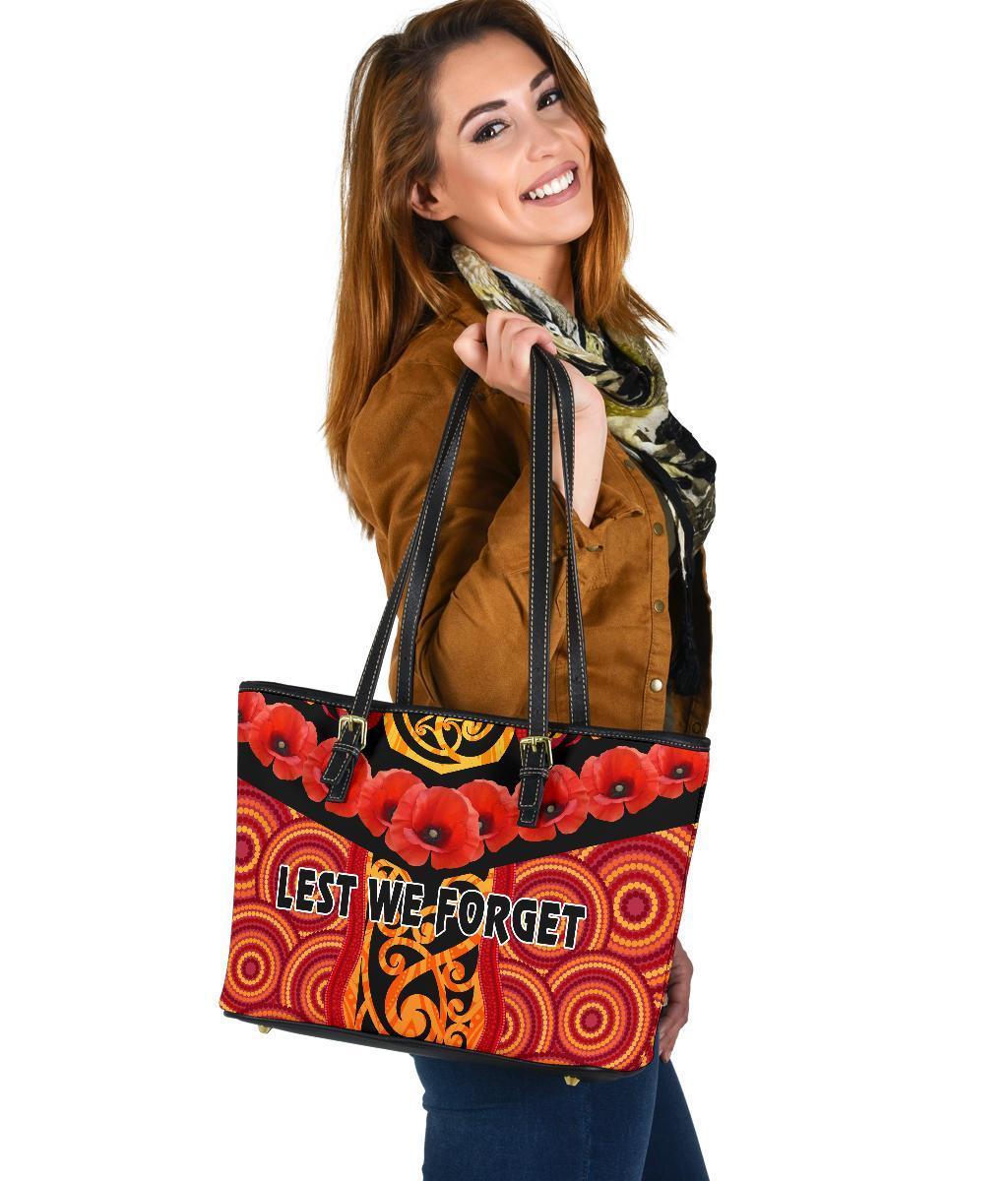 Anzac Lest We Forget Poppy Small Leather Tote New Zealand Maori Silver Fern - Australia Aboriginal Red - Polynesian Pride