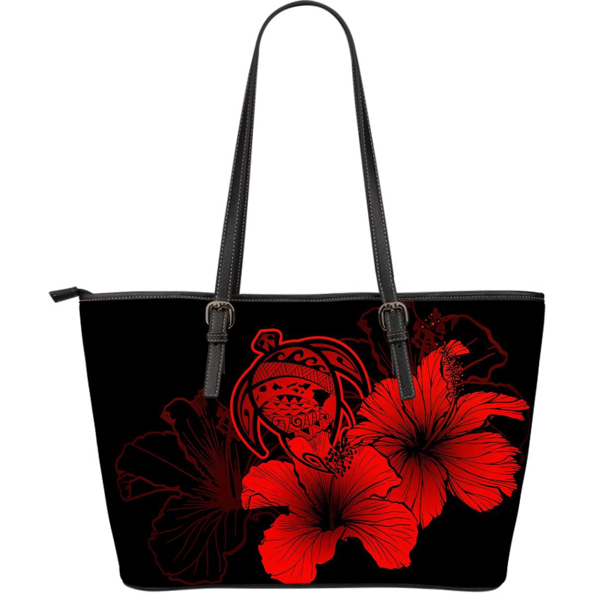 Hawaii Hibiscus Large Leather Tote Bag - Turtle Map - Red Red - Polynesian Pride