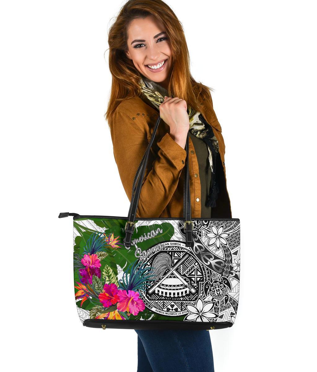 American Samoa Large Leather Tote Bag White - Turtle Plumeria Banana Leaf White - Polynesian Pride