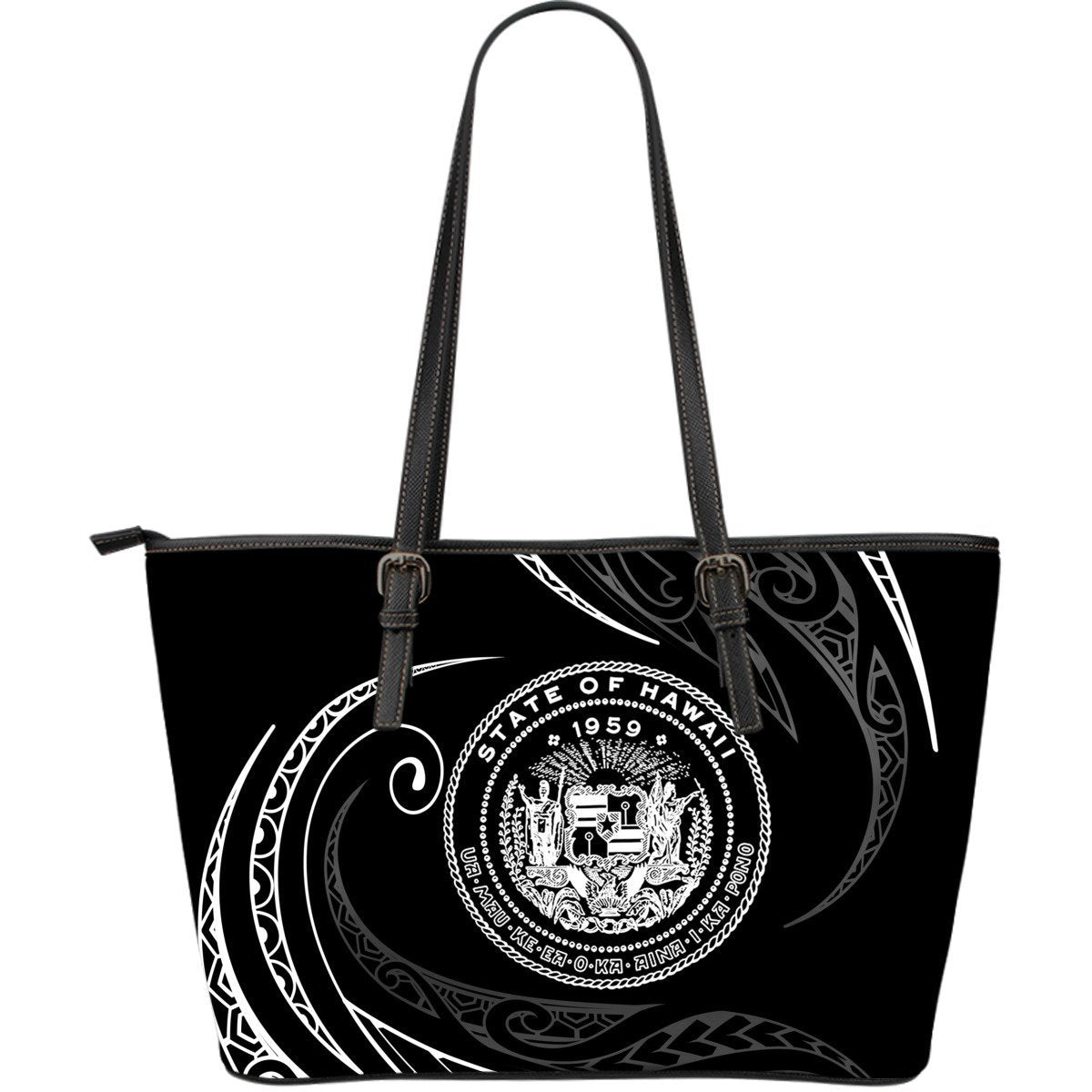 Hawaii Coat Of Arms Large Leather Tote - White - Frida Style Black - Polynesian Pride