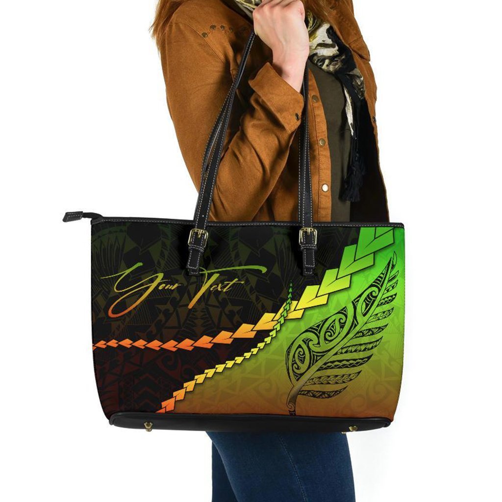 (Signature Custom) Maori Silver Fern Leather Tote Bag, Reggae Reggae - Polynesian Pride