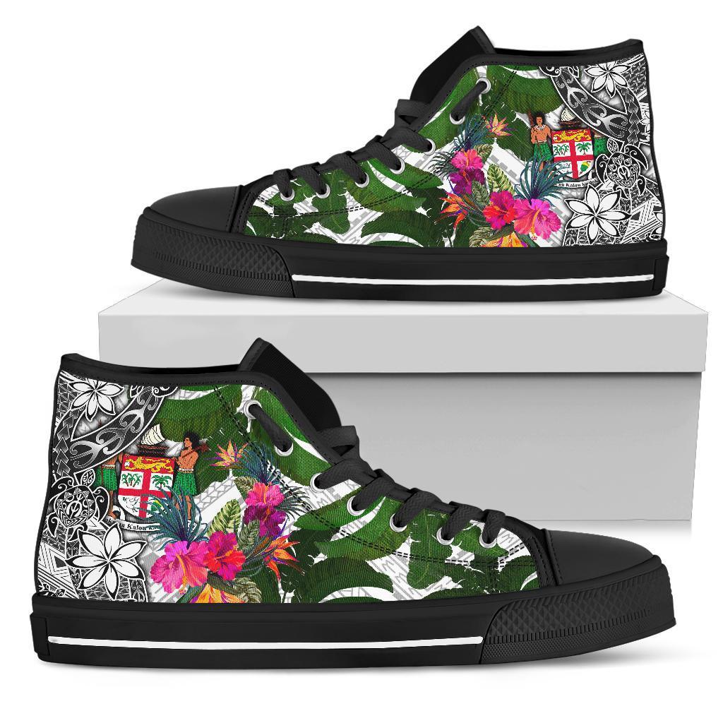 Fiji High Top Shoes White - Turtle Plumeria Banana Leaf Crest Unisex Black - Polynesian Pride