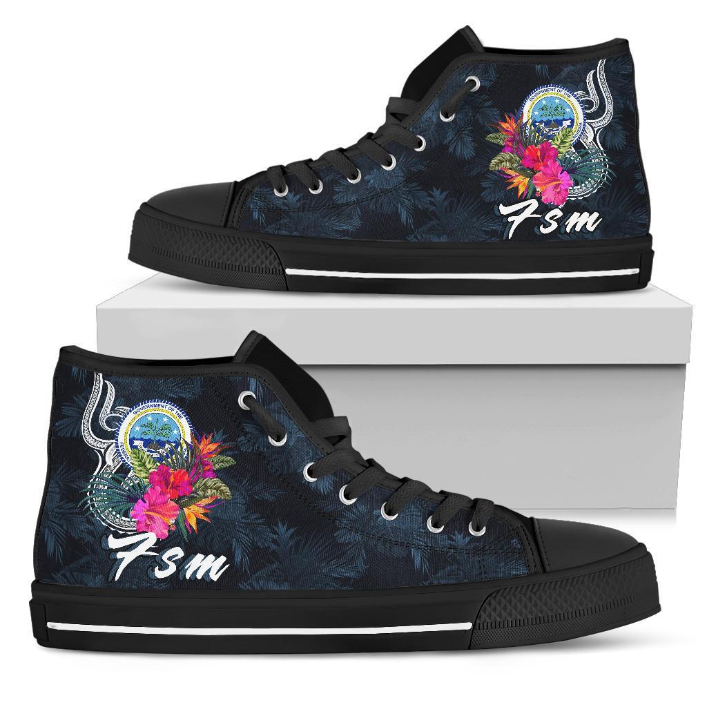 Federated States of Micronesia High Top Shoes - Tropical Flower Unisex Black - Polynesian Pride