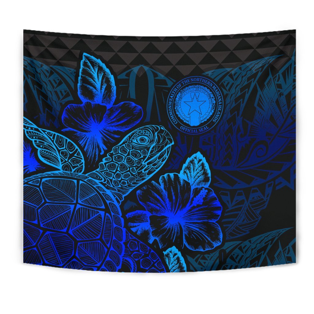 Northern Mariana Islands Tapestry - Turtle Hibiscus Pattern Blue - Polynesian Pride