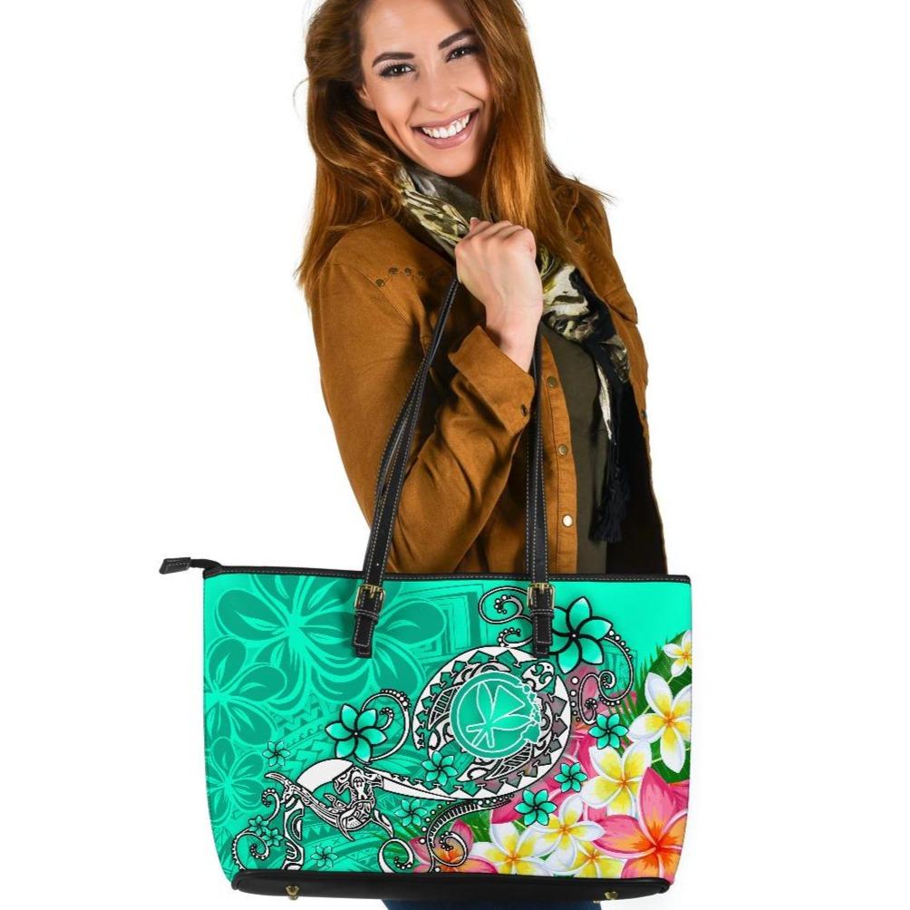 Hawaii Polynesian Leather Tote Bag - Turtle Plumeria (Turquoise) Turquoise - Polynesian Pride