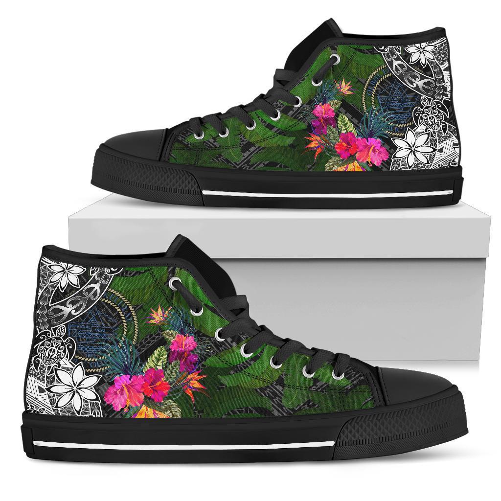 Palau High Top Shoes - Turtle Plumeria Banana Leaf Crest Unisex Black - Polynesian Pride