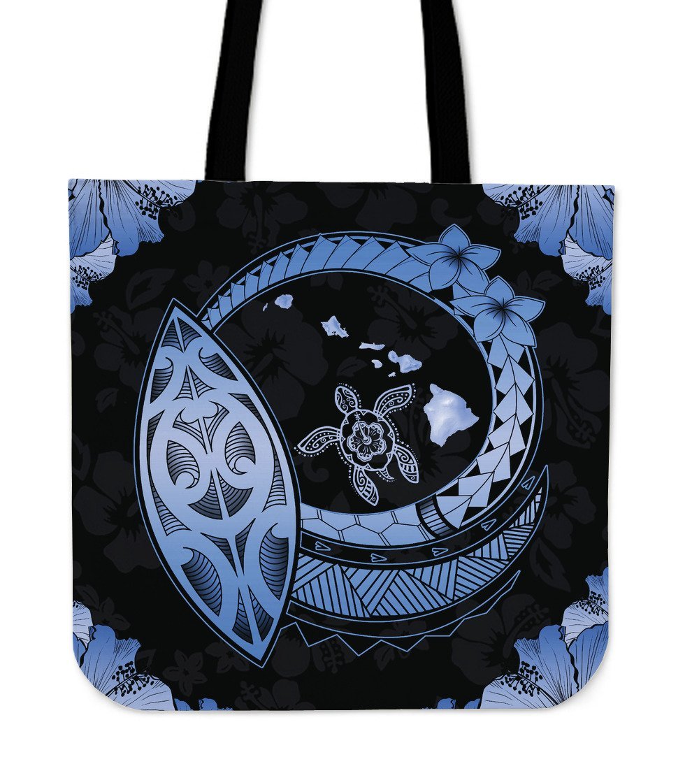 Hawaii Hibiscus Map Hidden Polynesian Blue Turtle Tote Bag Tote Bag One Size Blue - Polynesian Pride