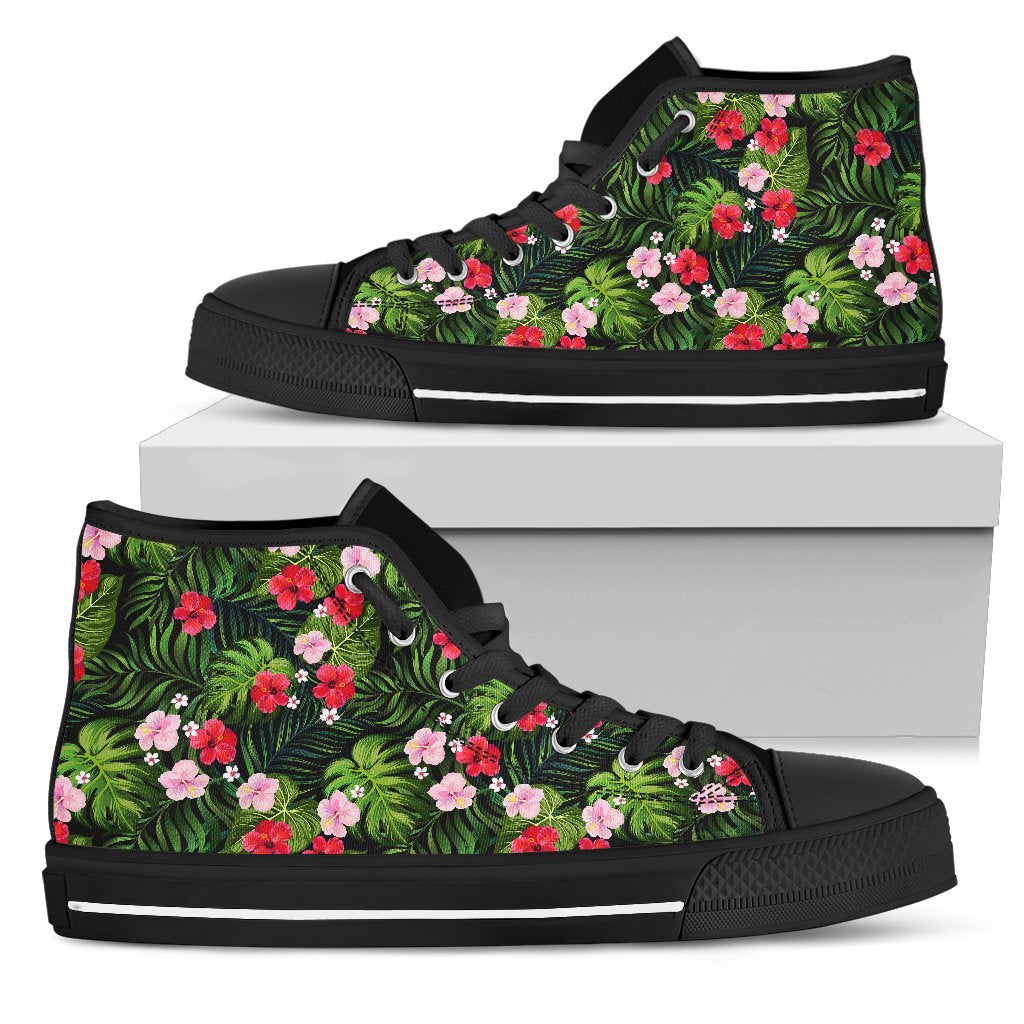 Hawaiian Shoes - Tropical Flower Mix High Top Shoes Mens High Top Black - Polynesian Pride