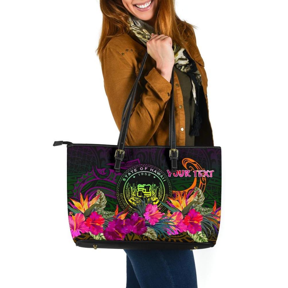 Polynesian Hawaii Personalised Large Leather Tote Bag - Summer Hibiscus Reggae - Polynesian Pride