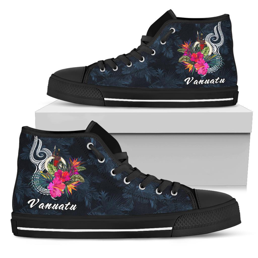 Vanuatu Polynesian High Top Shoes - Tropical Flower Unisex Black - Polynesian Pride