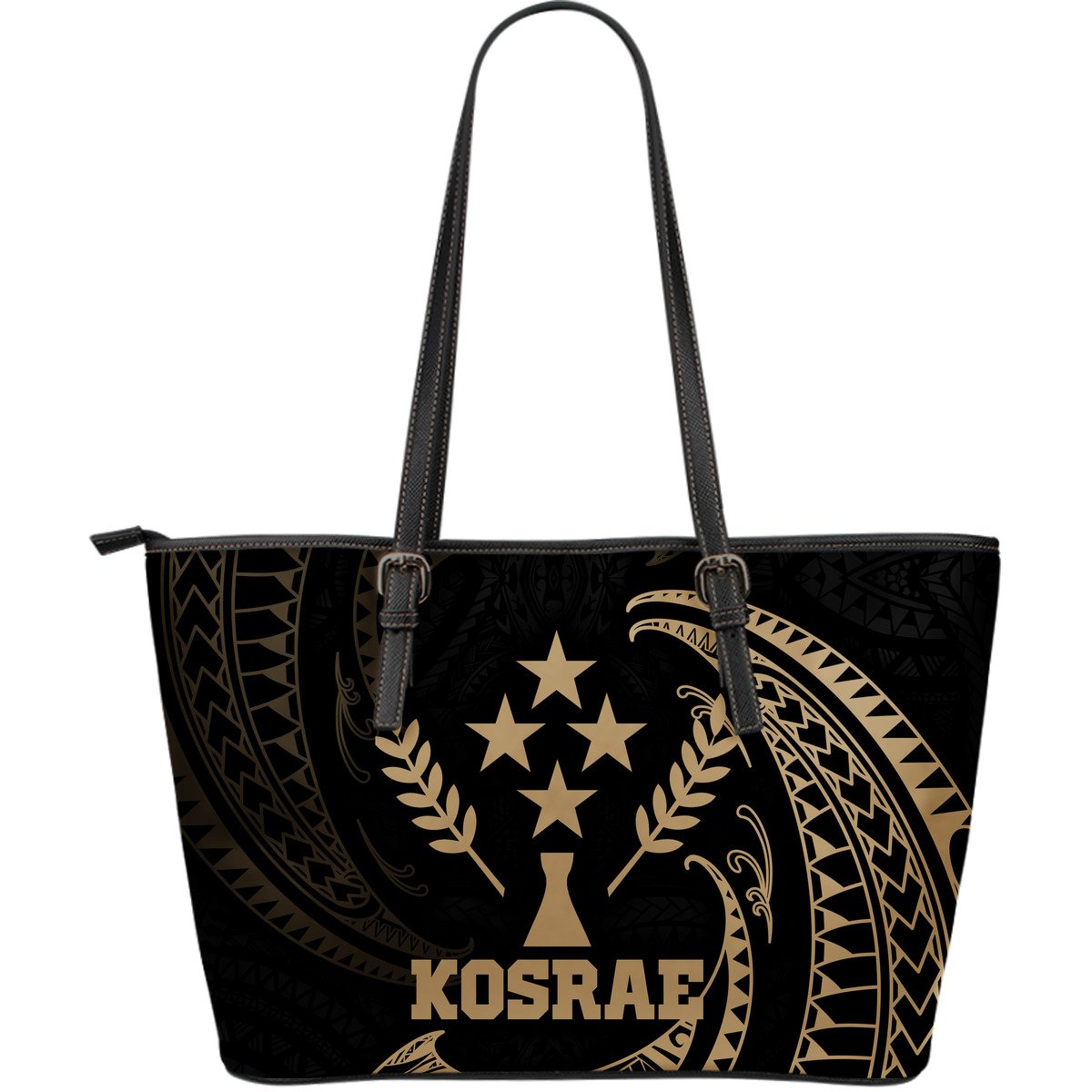 Kosrae Micronesia Leather Tote Bag - Gold Tribal Wave Black - Polynesian Pride