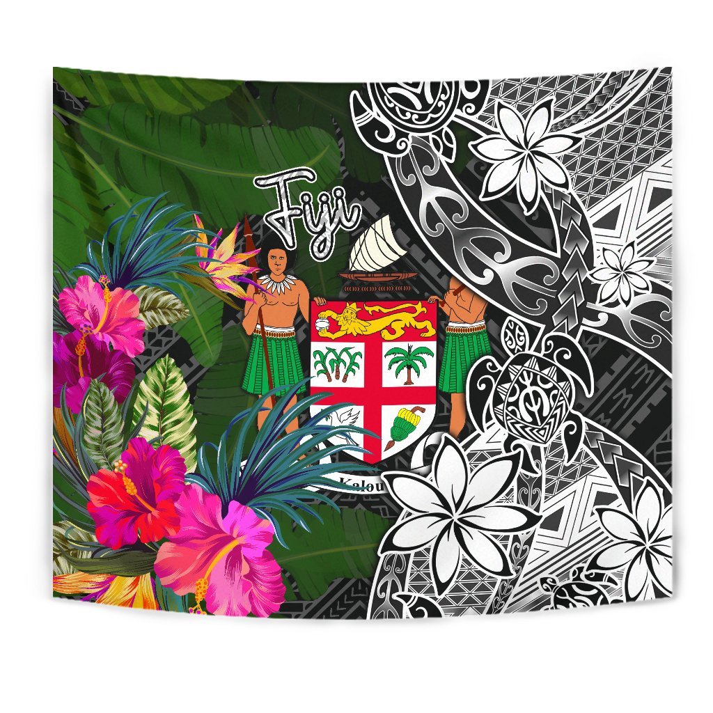 Fiji Tapestry - Turtle Plumeria Banana Leaf Crest Wall Tapestry Black - Polynesian Pride