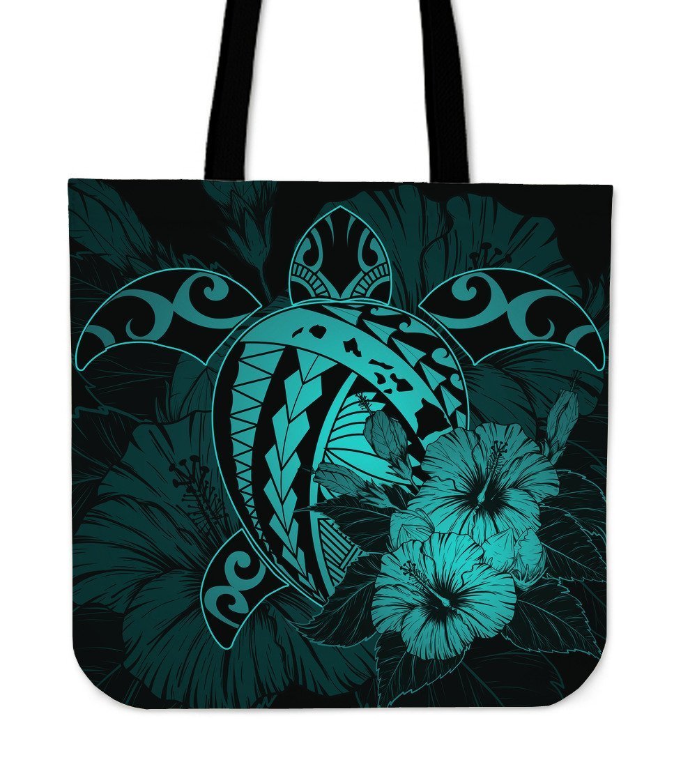 Hawaii Hibiscus Tote Bag - Harold Turtle - Turquoise Tote Bag One Size Blue - Polynesian Pride