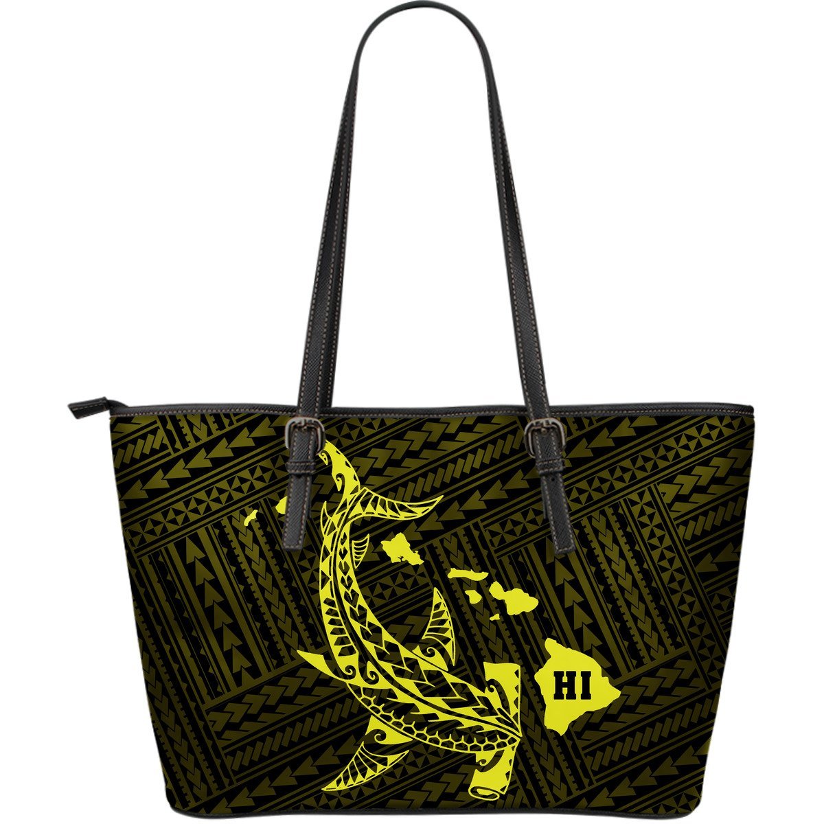 Hawaii Shark Yellow Polynesian Large Leather Tote Yellow - Polynesian Pride